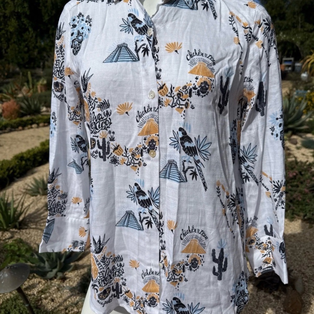 White Button-Up Shirt with Blue & Mustard Tropical Print